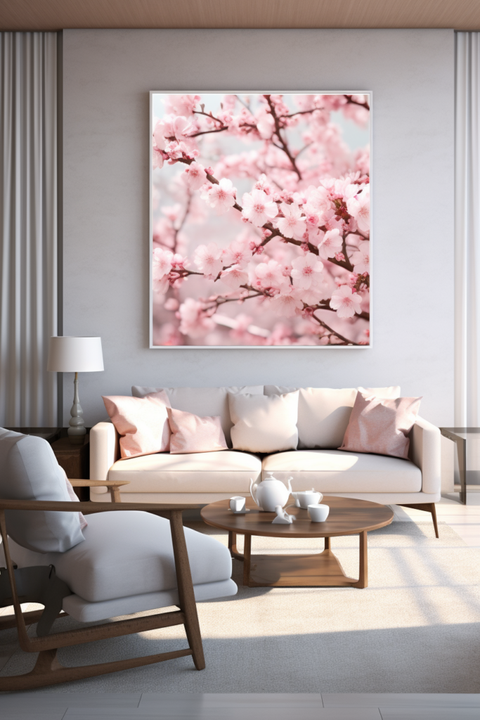 A Japanese-inspired living room with pink cherry blossoms as wall art.