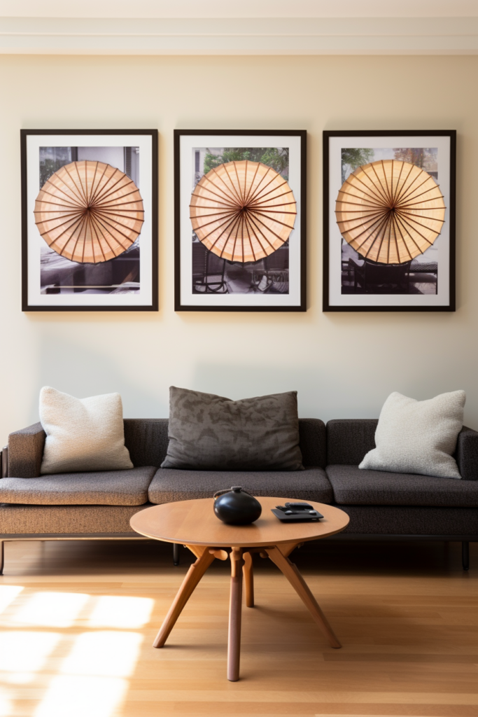 Three Japanese wall art pieces hang above a couch in a living room.