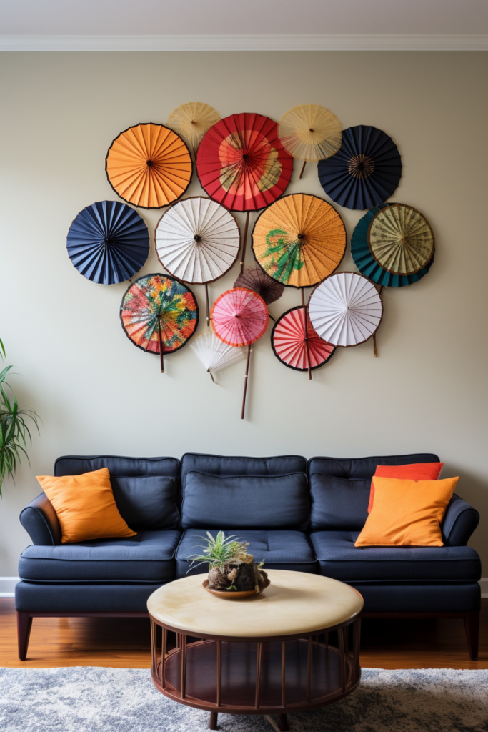 A serene living room adorned with beautiful wall art featuring colorful umbrellas, evoking a Japanese ambiance.