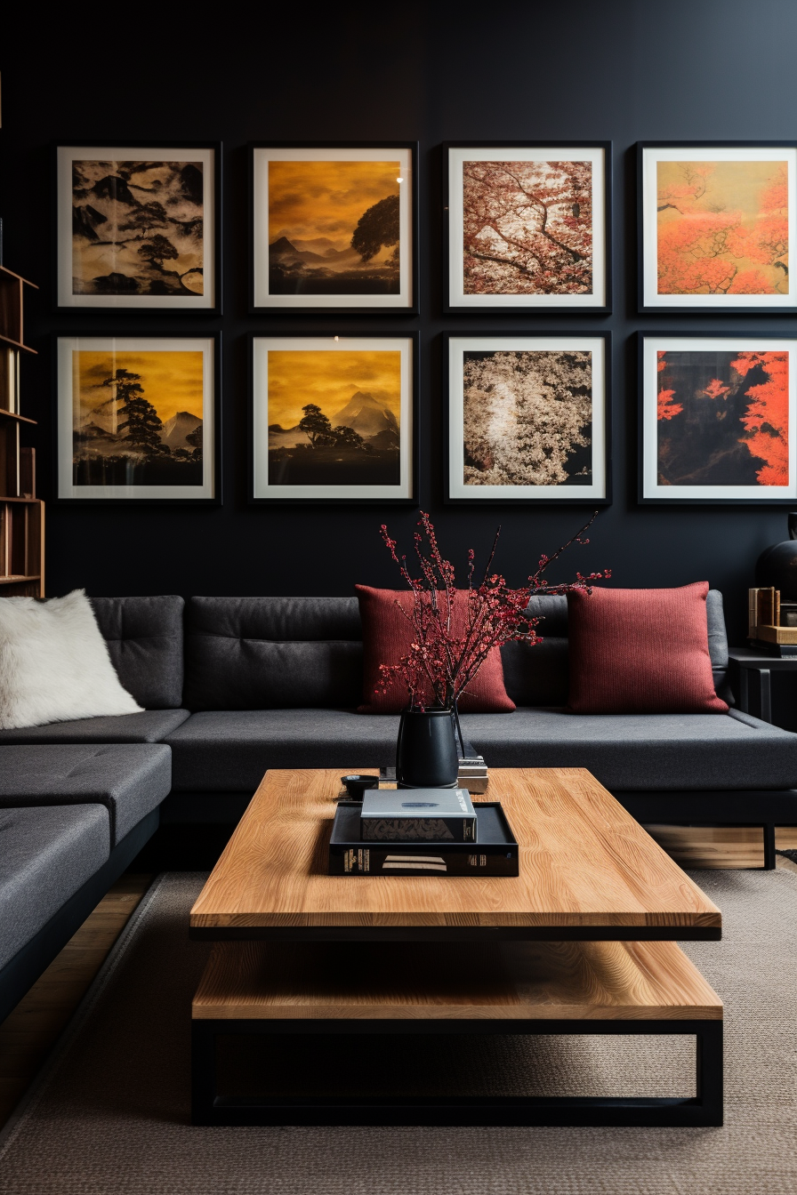 A large living room with black walls adorned with framed pictures of Japanese wall art.
