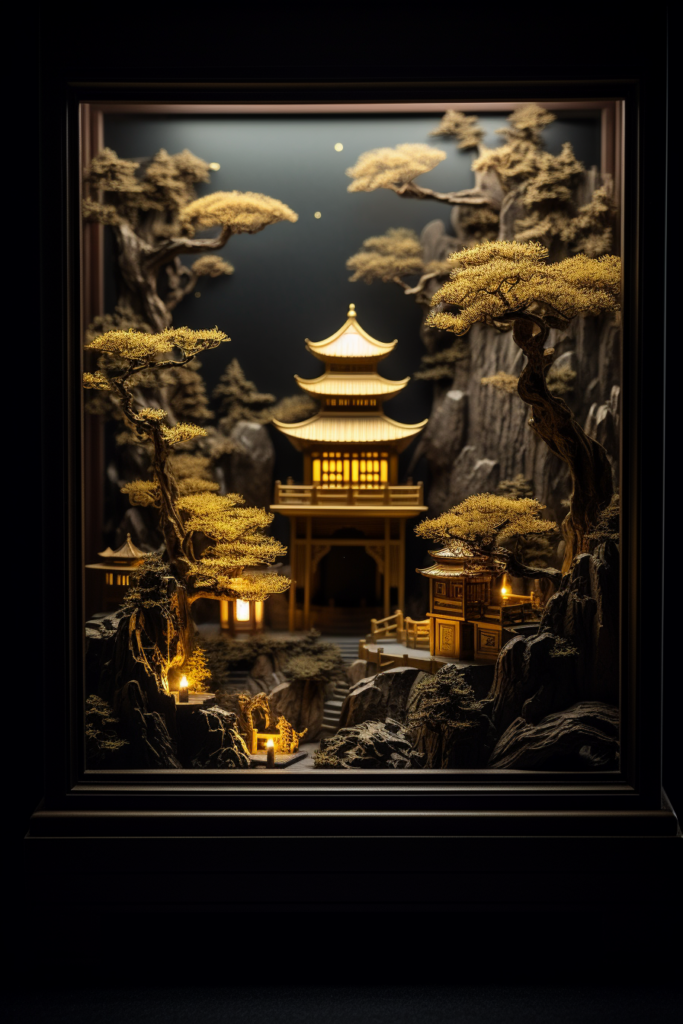 A Japanese pagoda transformed into serene wall art, delicately encased within a glass box.