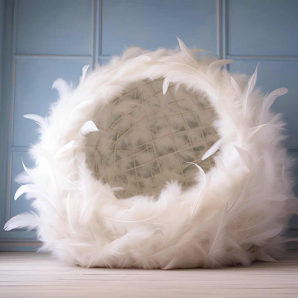 A unique white cat bed cocoon with feathers on it.