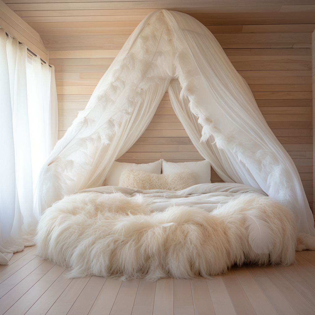 A unique bed covered in white fur.