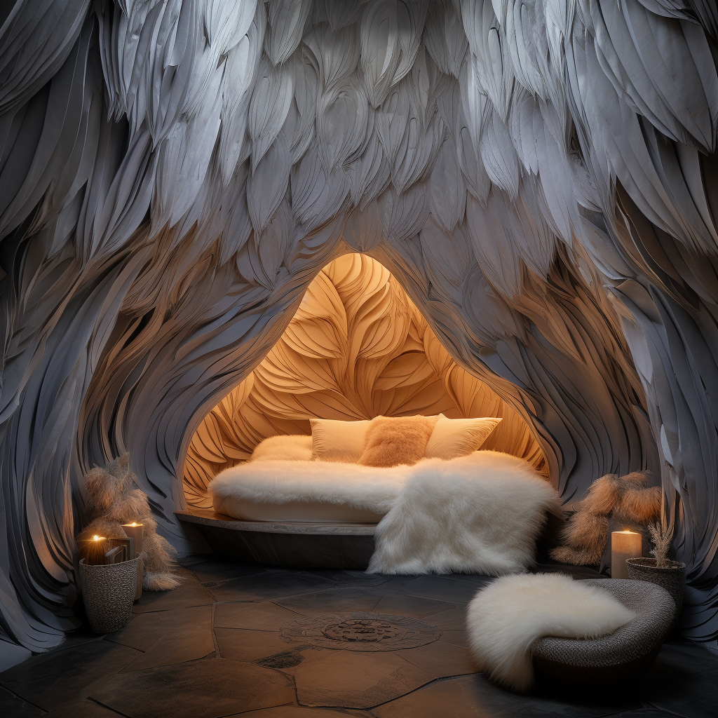 A unique room with a cocoon bed in the middle of a cave.