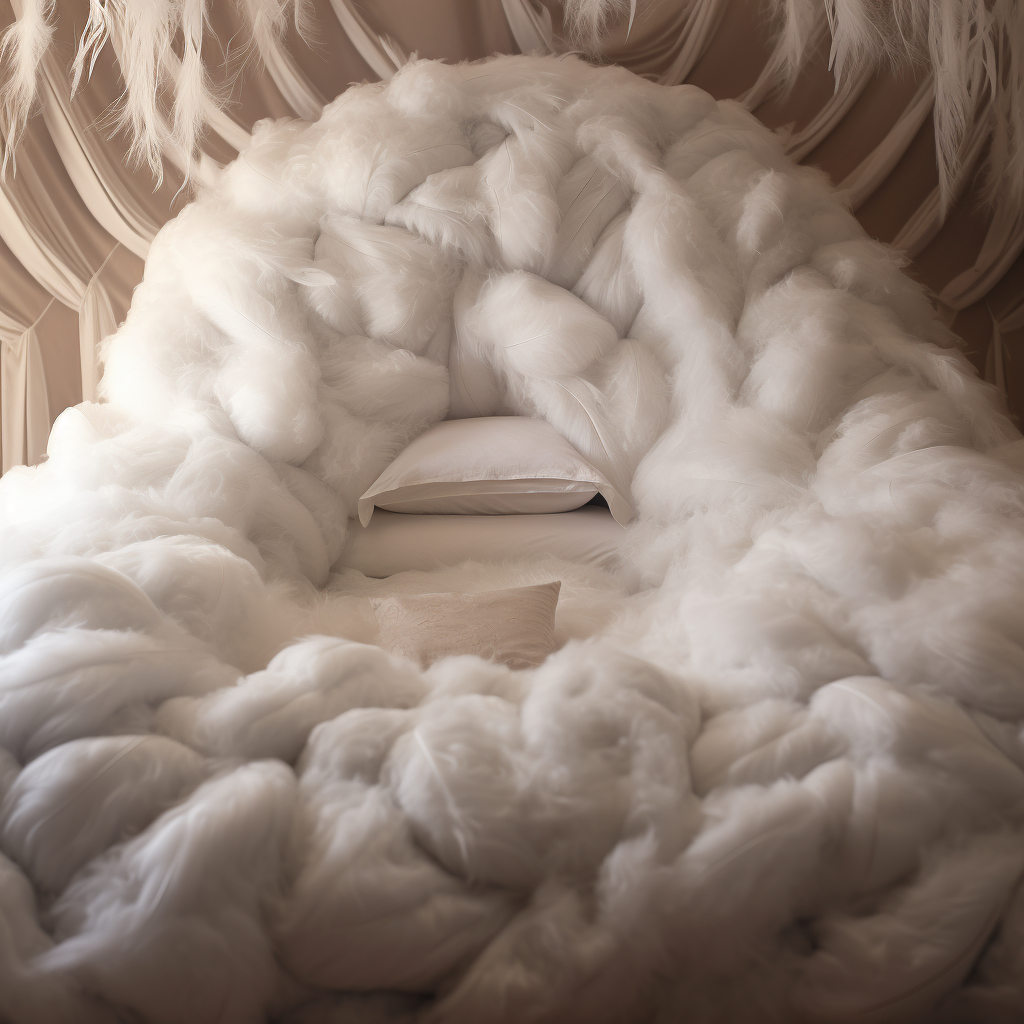 A unique cocoon bed covered in fluffy white feathers.