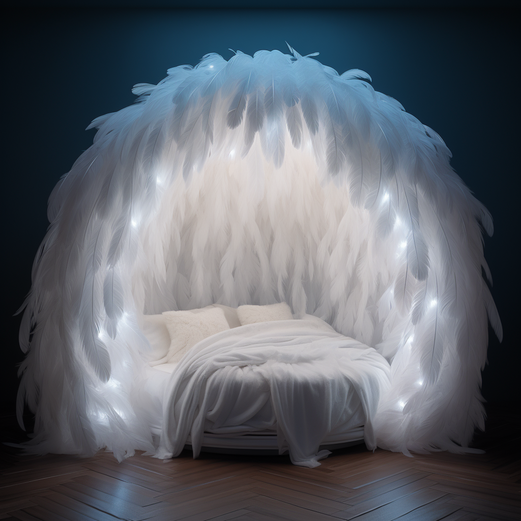 Cocoon beds filled with white feathers and lights for a cozy ambiance.