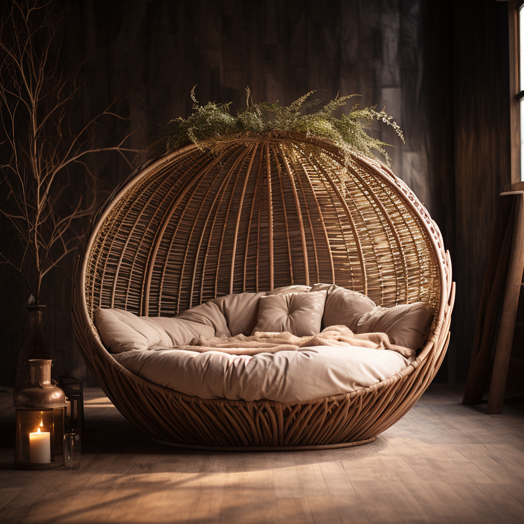A rattan day bed nestled in front of a window, creating a cozy cocoon.