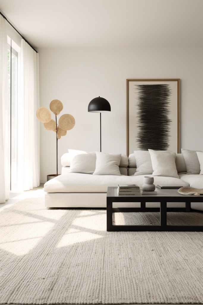 Creating a tranquil living room with a grey carpet and a white couch.
