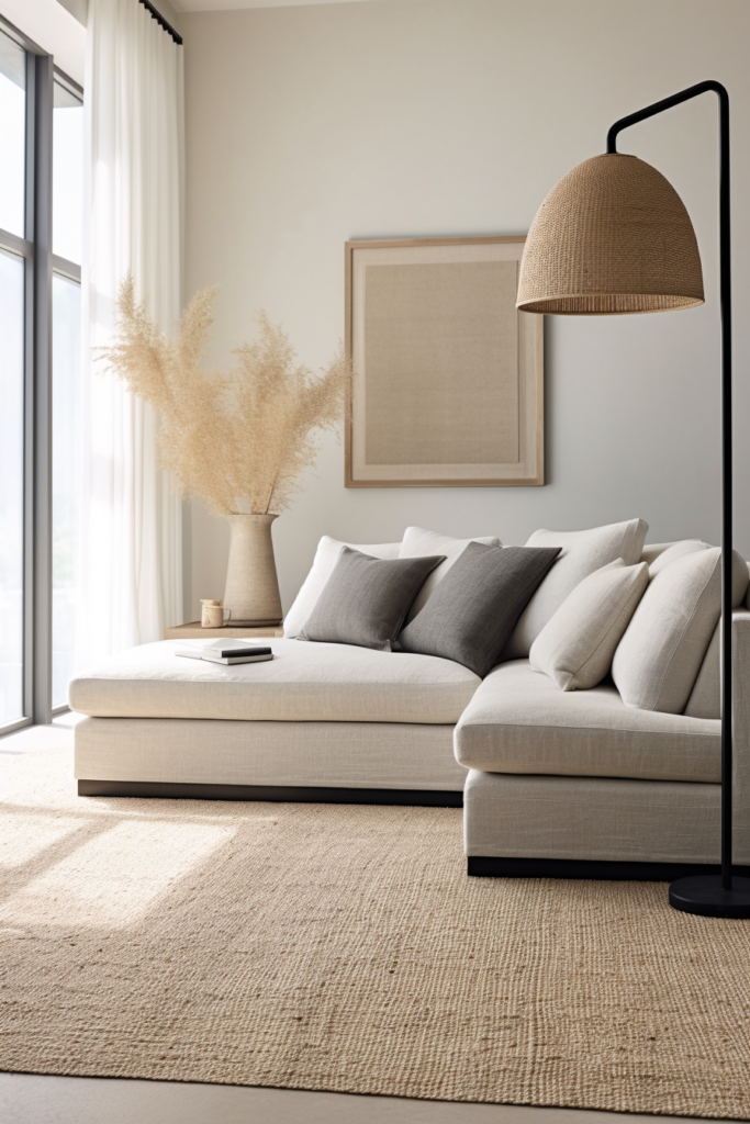 A tranquil living room with a beige couch and a lamp over a grey carpet.