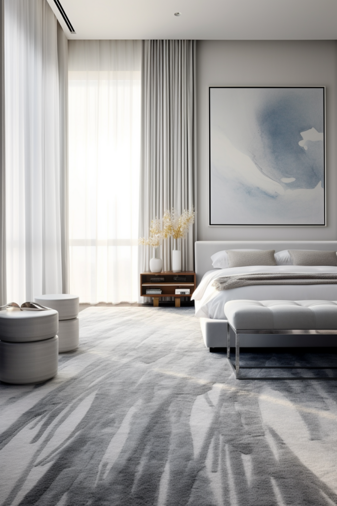 Creating a tranquil modern bedroom with a white bed and a large painting on a grey carpet.