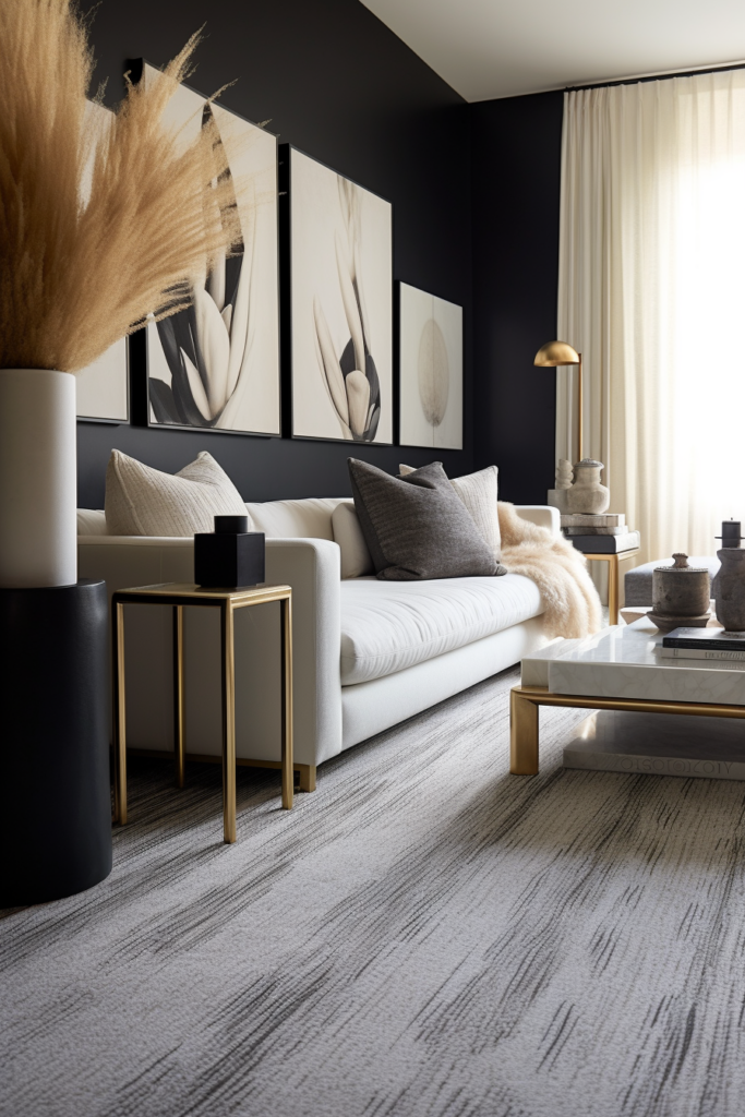 A tranquil living room with a grey carpet and gold accents.