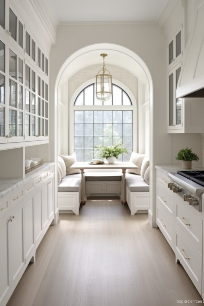 A stylish white kitchen with an arched window.