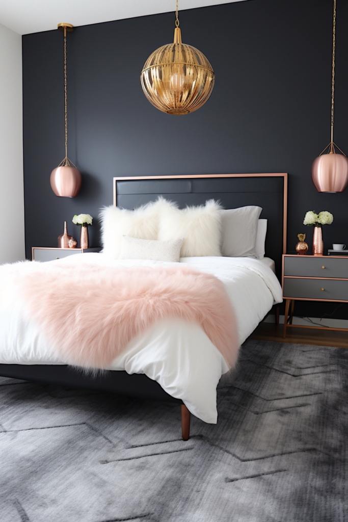A cozy bedroom with a pink blanket on the bed and a gold chandelier hanging from the ceiling, creating a tranquil sleep space.