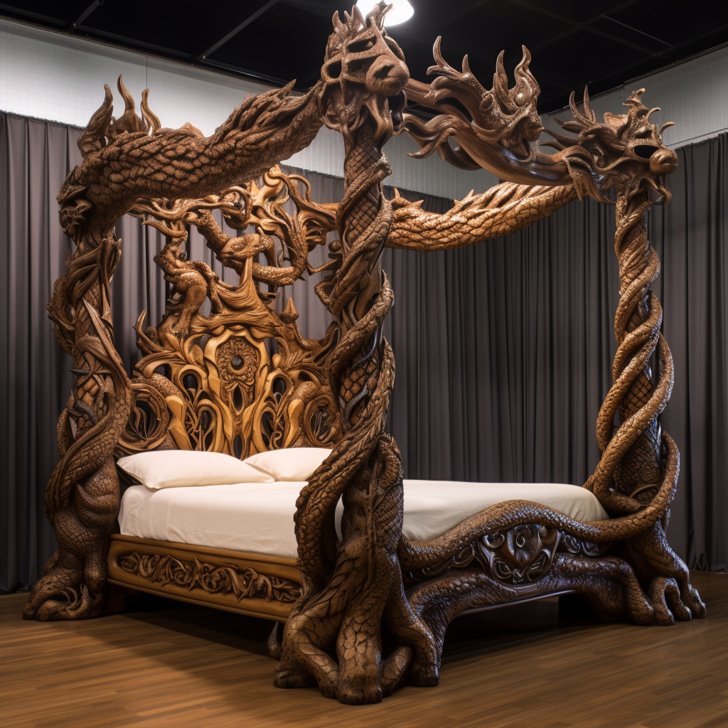A fantasy bed made out of wood with intricate carvings, designed to awaken imagination and transport you to dreamy realms.