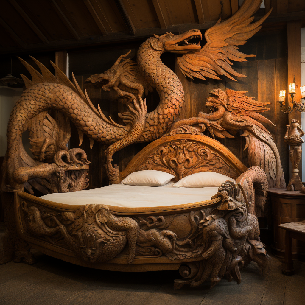 A fantasy bed adorned with a dragon, awakening imagination.