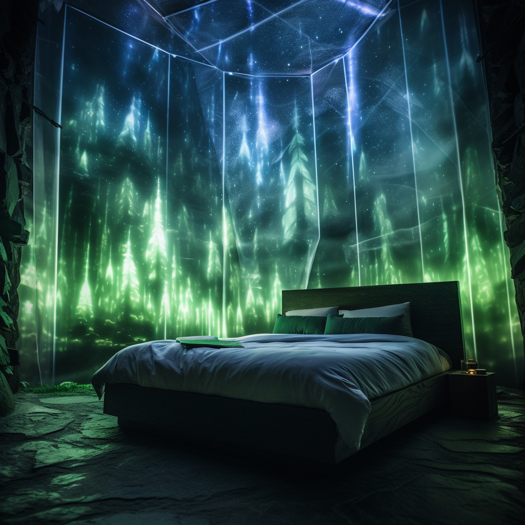 An enchanting bed in a room with a green forest in the background, awakening imagination.