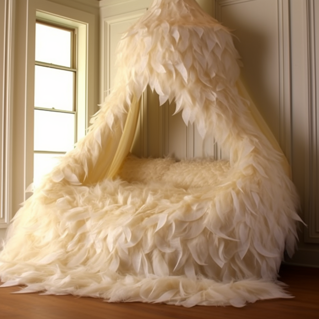 A fantasy bed covered in feathers, awakening imagination with its dreamy design.