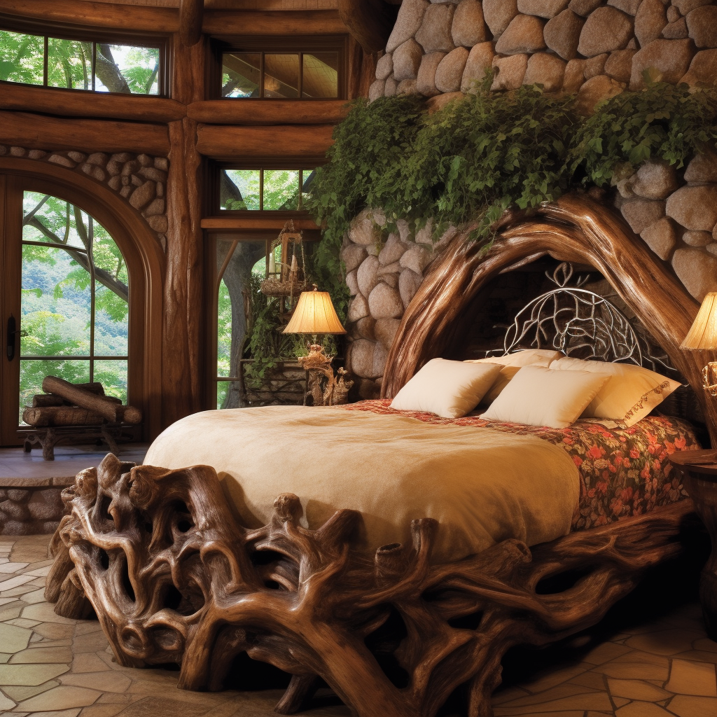 A bedroom with a dreamy design, featuring a bed made out of logs.