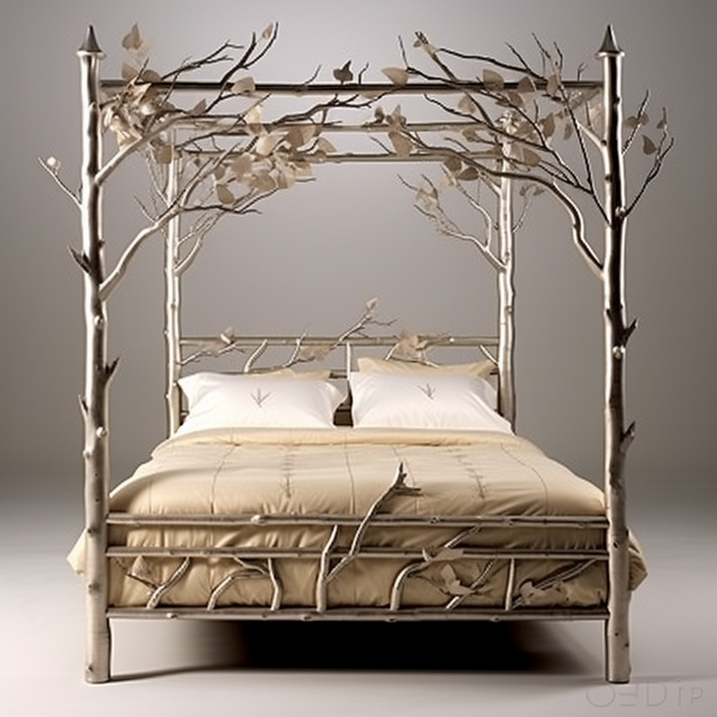 A dreamy design silver canopy bed adorned with leaves, evoking a sense of fantasy and awakening imagination.