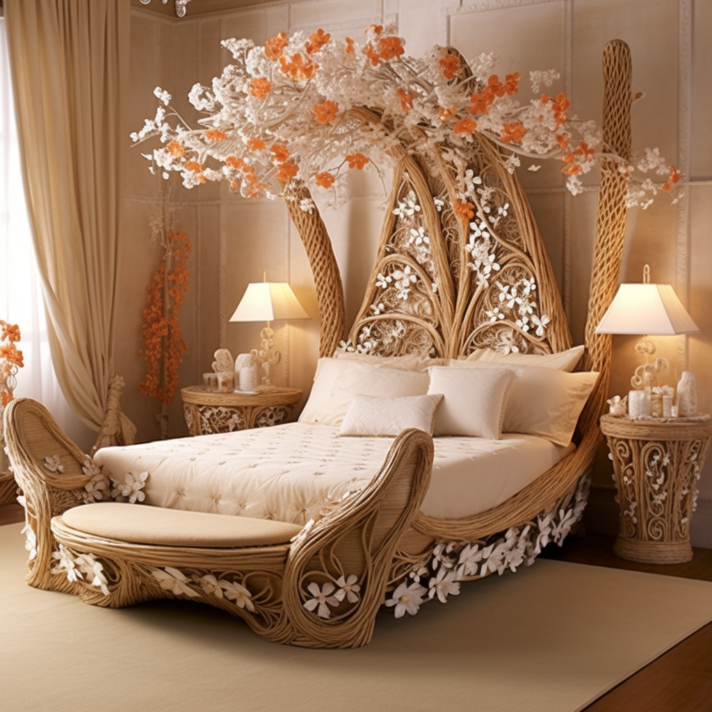 A bedroom with a dreamy design featuring an ornate bed and furniture.
