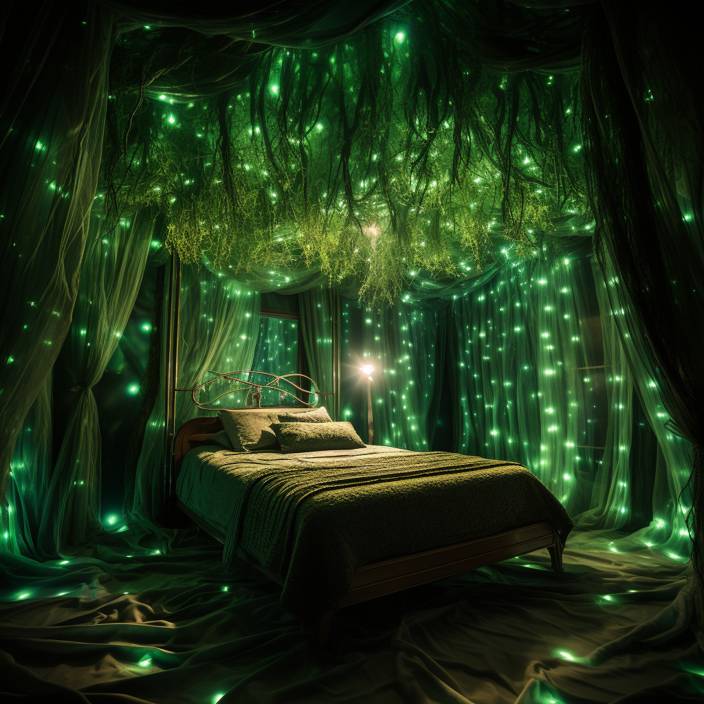 A Dreamy Design bed adorned with green fairy lights.