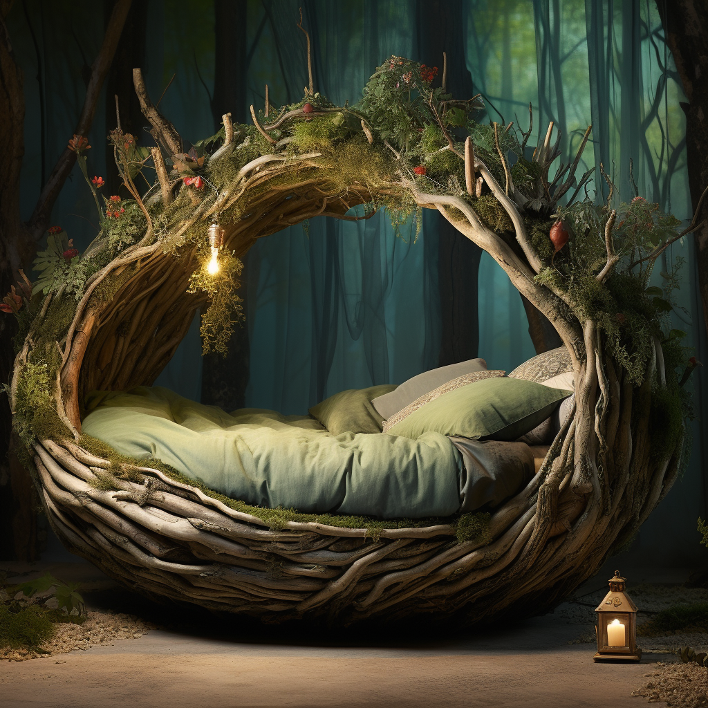 A dreamy bed made out of branches in the forest.