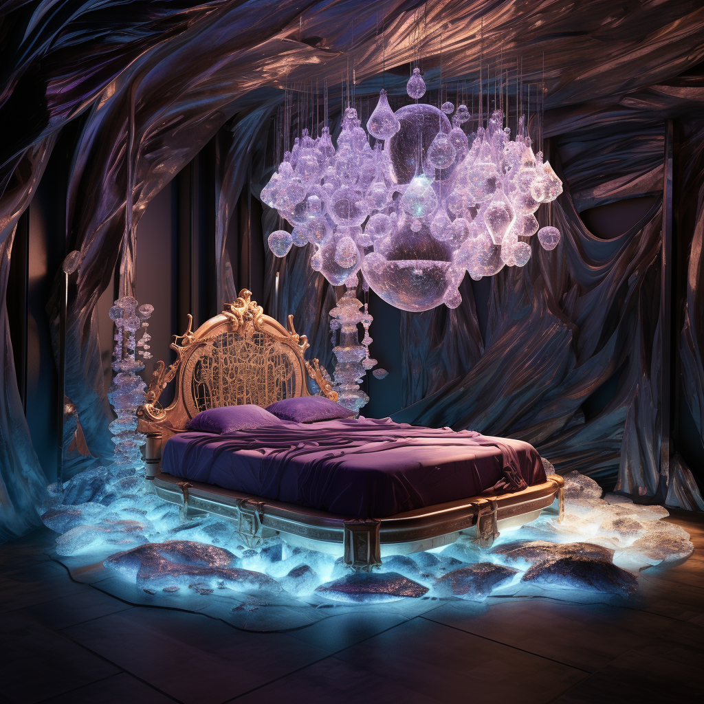 In this dreamy design, discover a bed nestled within the enchanting depths of a cave. Illuminated by a mesmerizing chandelier, this fantasy bed sparks the imagination and awakens a sense of