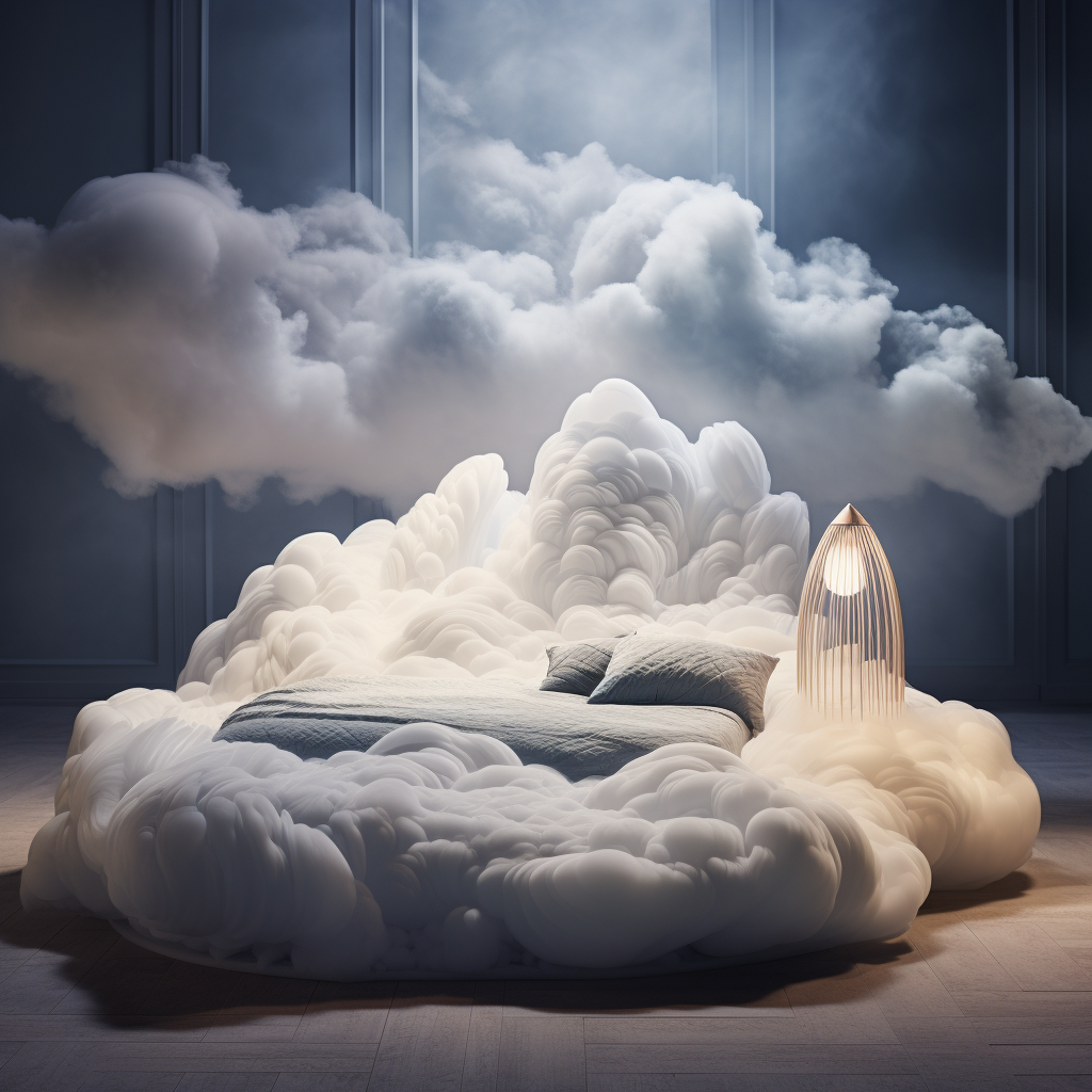 A dreamy bed made out of clouds, awakening imagination with its fantasy design.