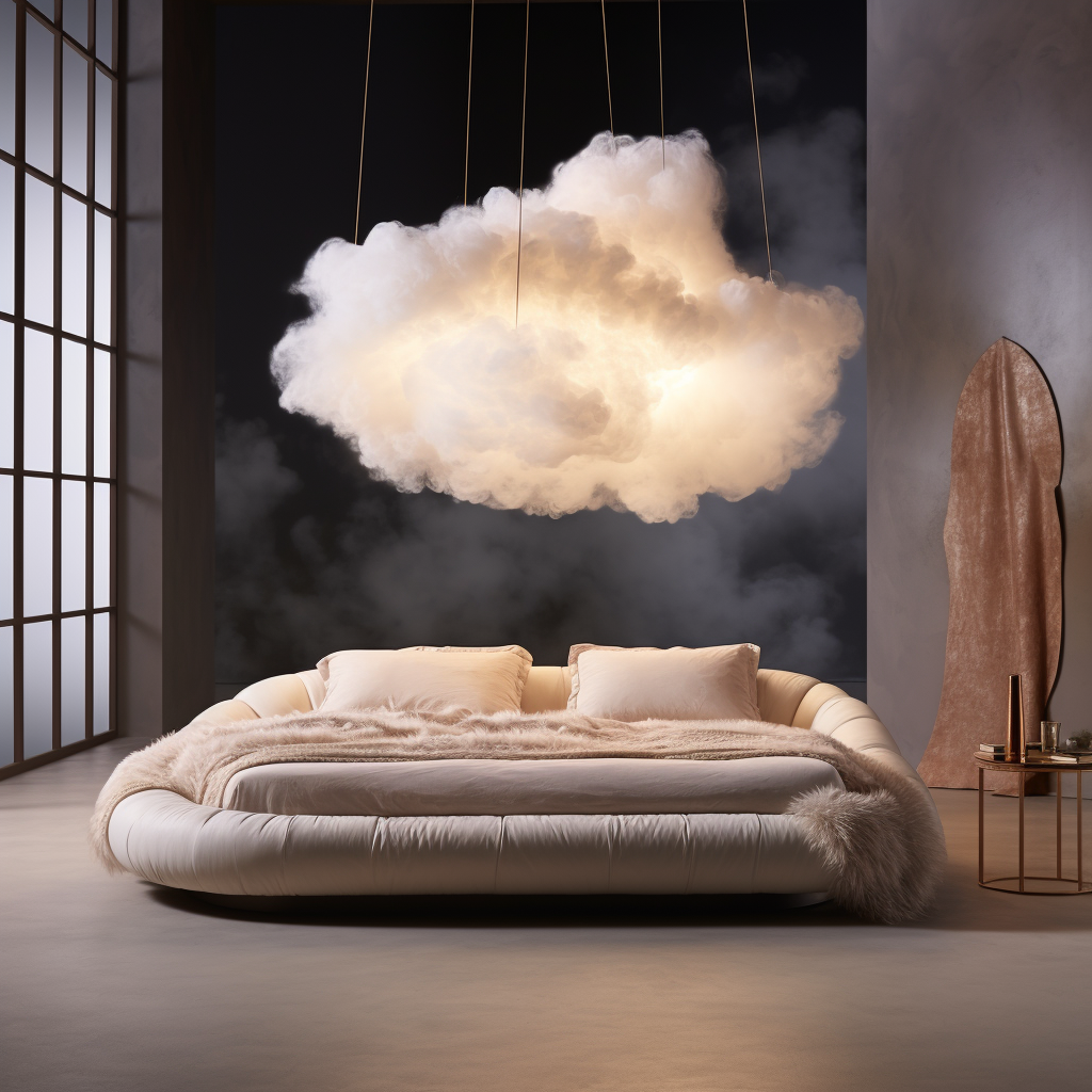 A dreamy bed with a cloud hanging above it, combining the allure of fantasy beds and awakening imagination with its whimsical and imaginative design.