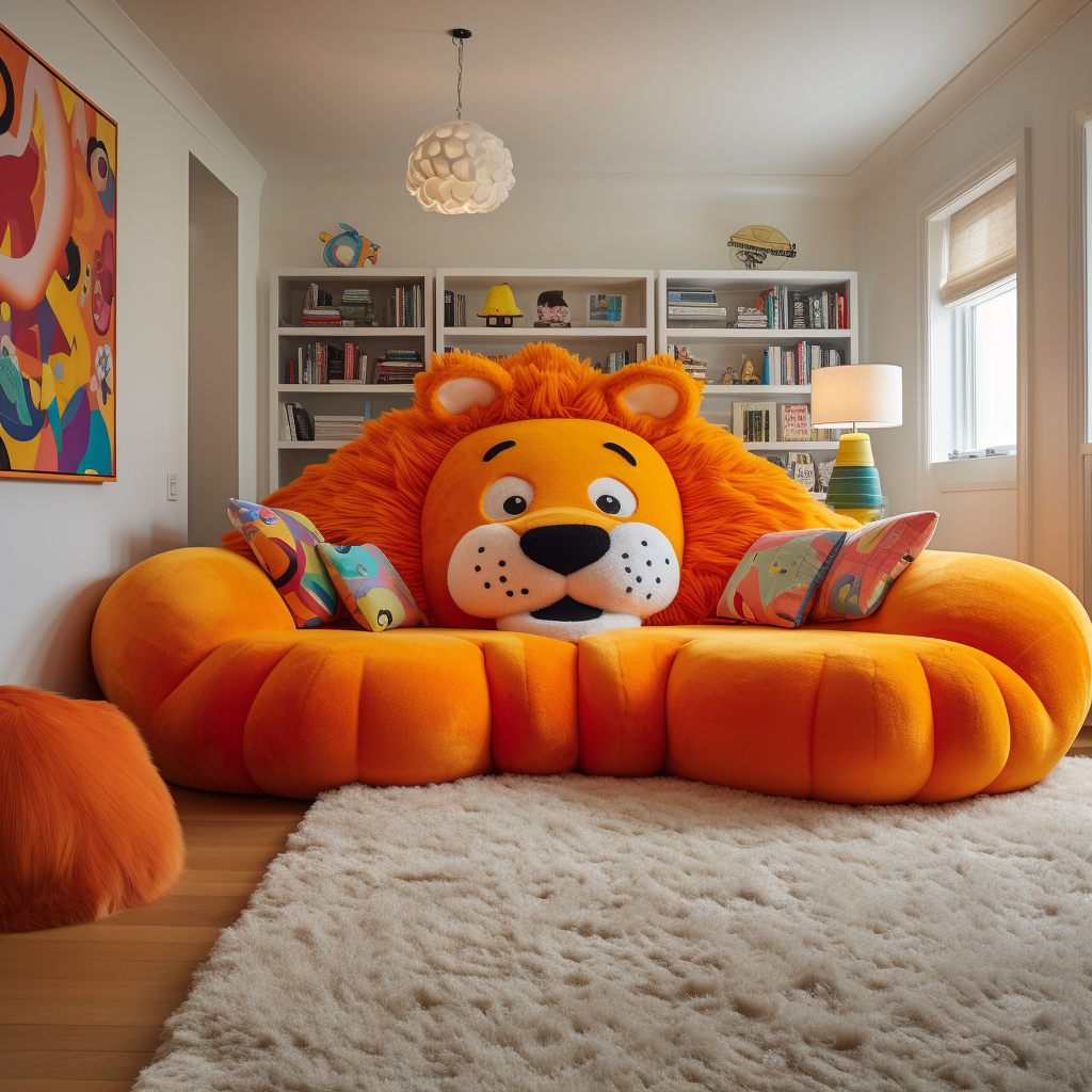 A giant lion-shaped couch in a living room.