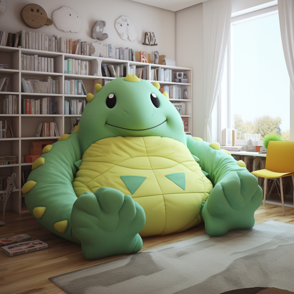 A giant green dinosaur sitting in a room with bookshelves.
