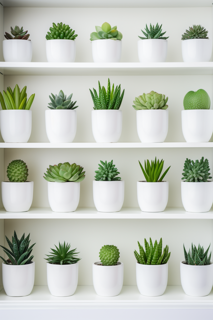 Ideas for a green home office can be spruced up with the addition of succulents in white pots on a white shelf.