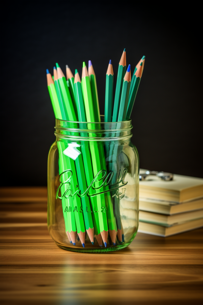 Green pencils sit in a jar on a wooden table, providing inspiration for creative ideas in a home office setup.