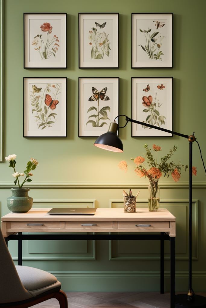 A home office with a desk adorned with framed pictures on the green walls.
