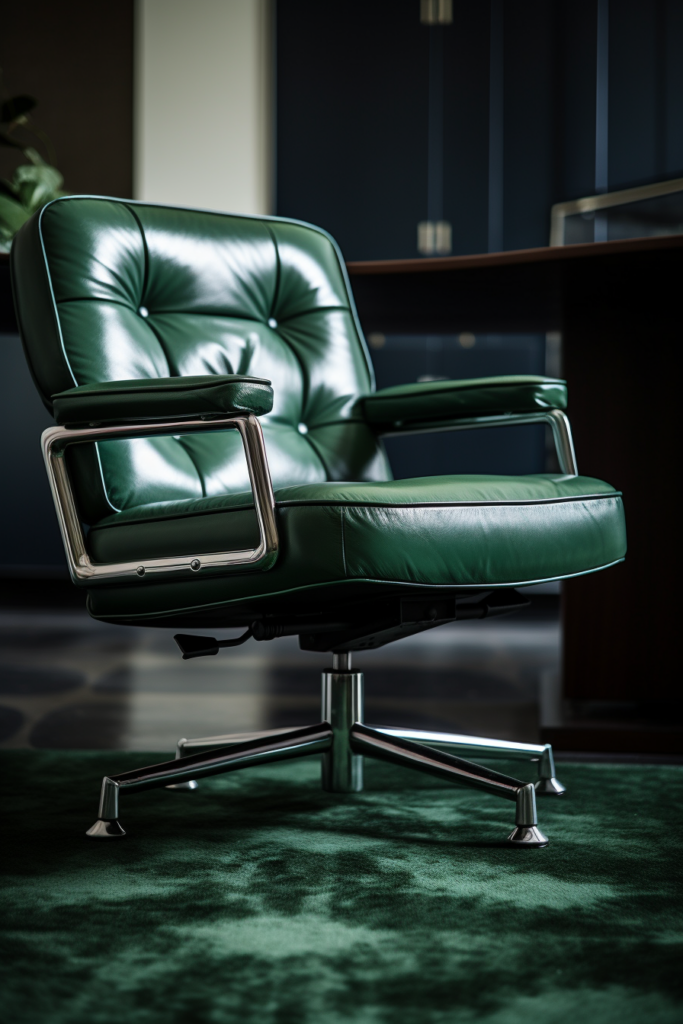 A green leather chair in a home office.