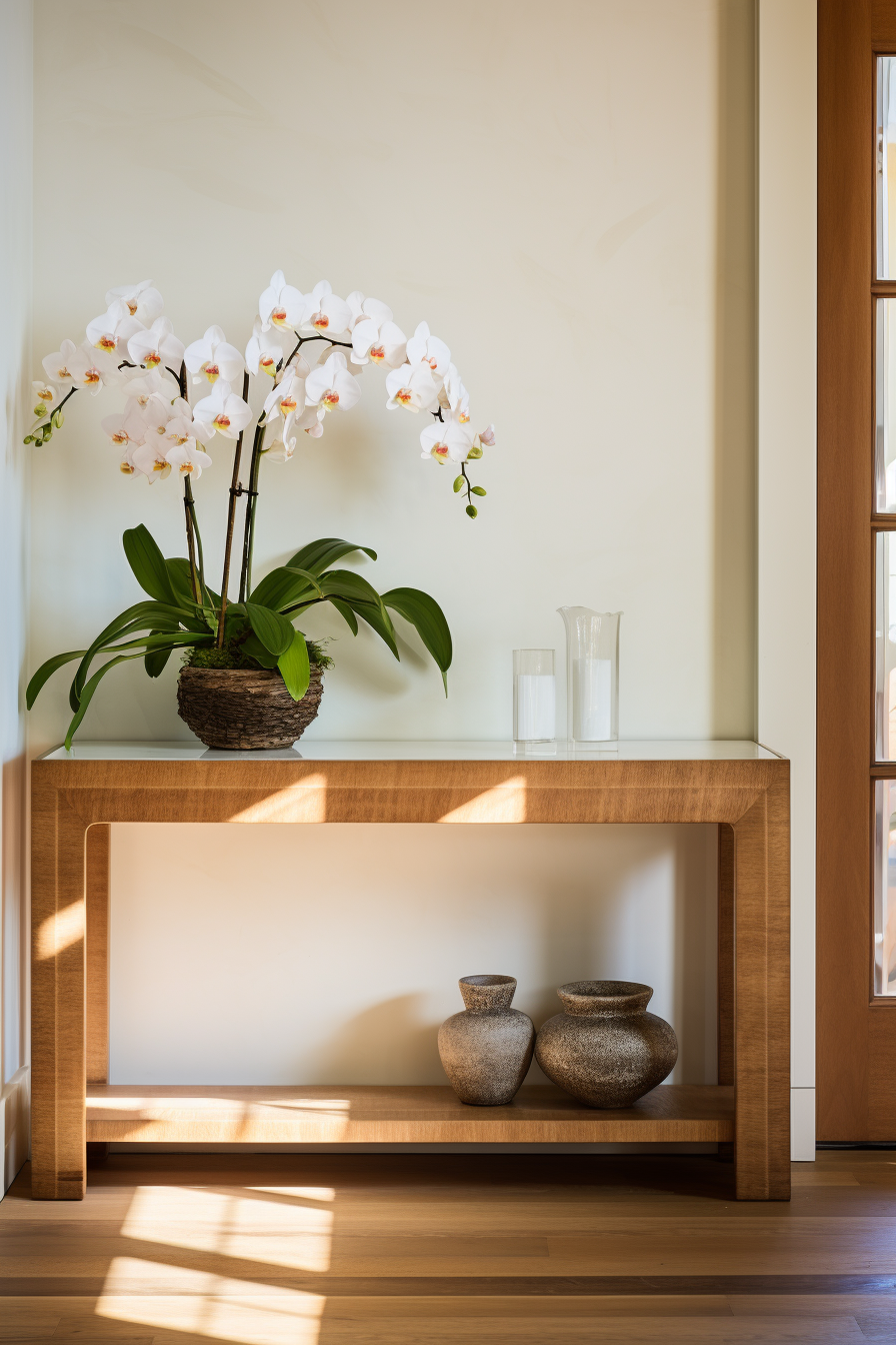A wooden console table with a vase of orchids, bringing a touch of nature to cozy living rooms.