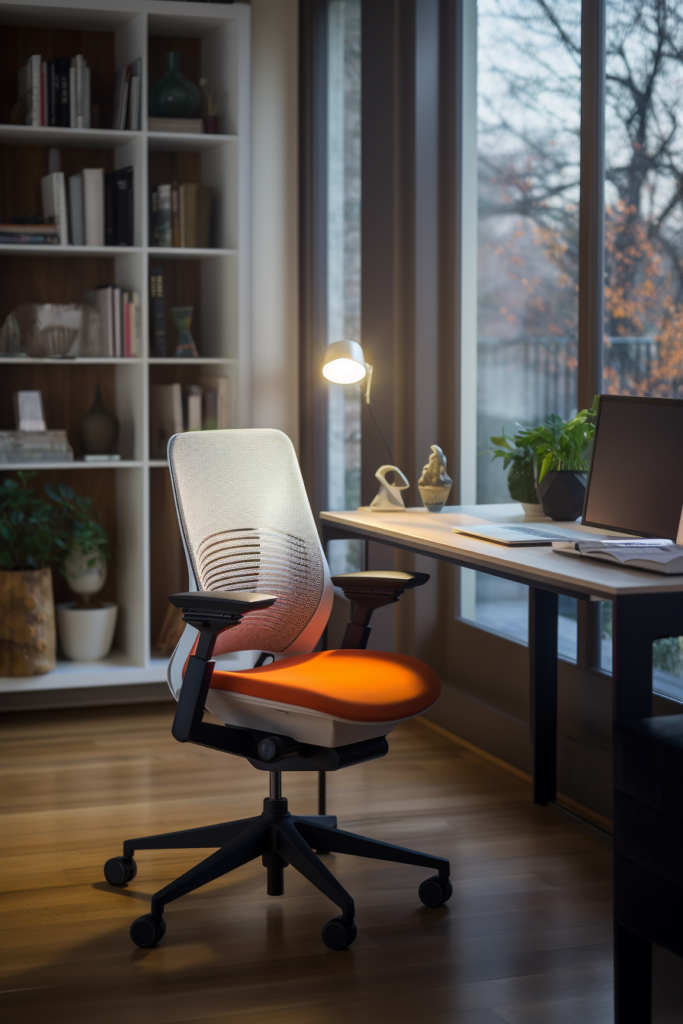 An orange and white office chair in a cozy home office.