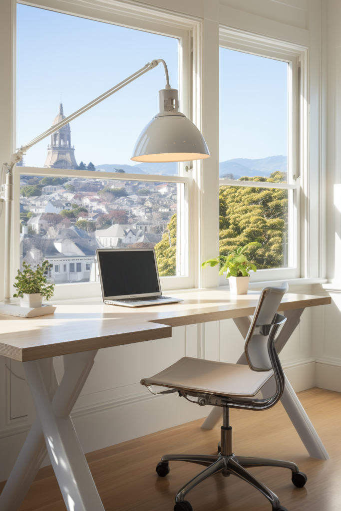 A desk with a lamp in a home office.