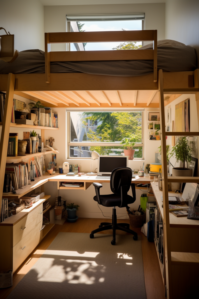 Create a cozy and functional space with a loft bed that includes a built in desk and chair, perfect for bedroom ideas or creating a home office.