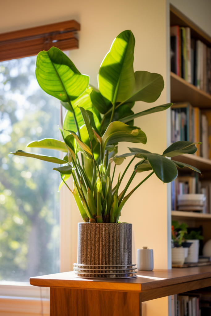 A potted plant in a home office, placed on a table near a window.