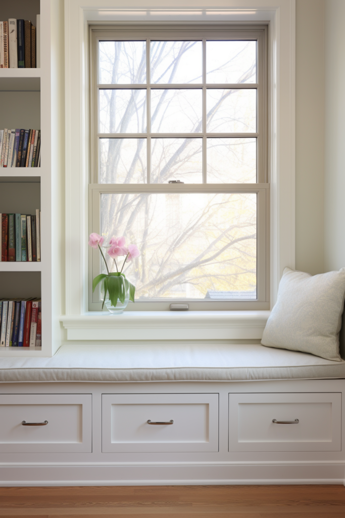 Transform your home office or bedroom with a charming window seat adorned with bookshelves and flowers.