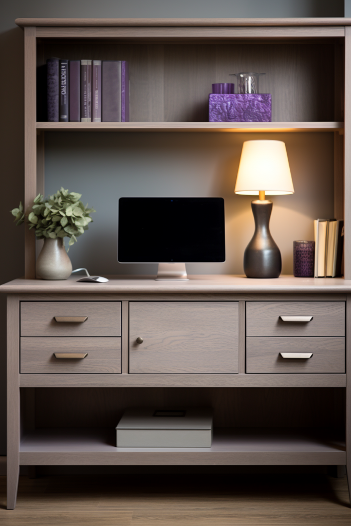 An optimizing desk, perfect for small spaces or home office nooks, featuring drawers and a lamp on it.