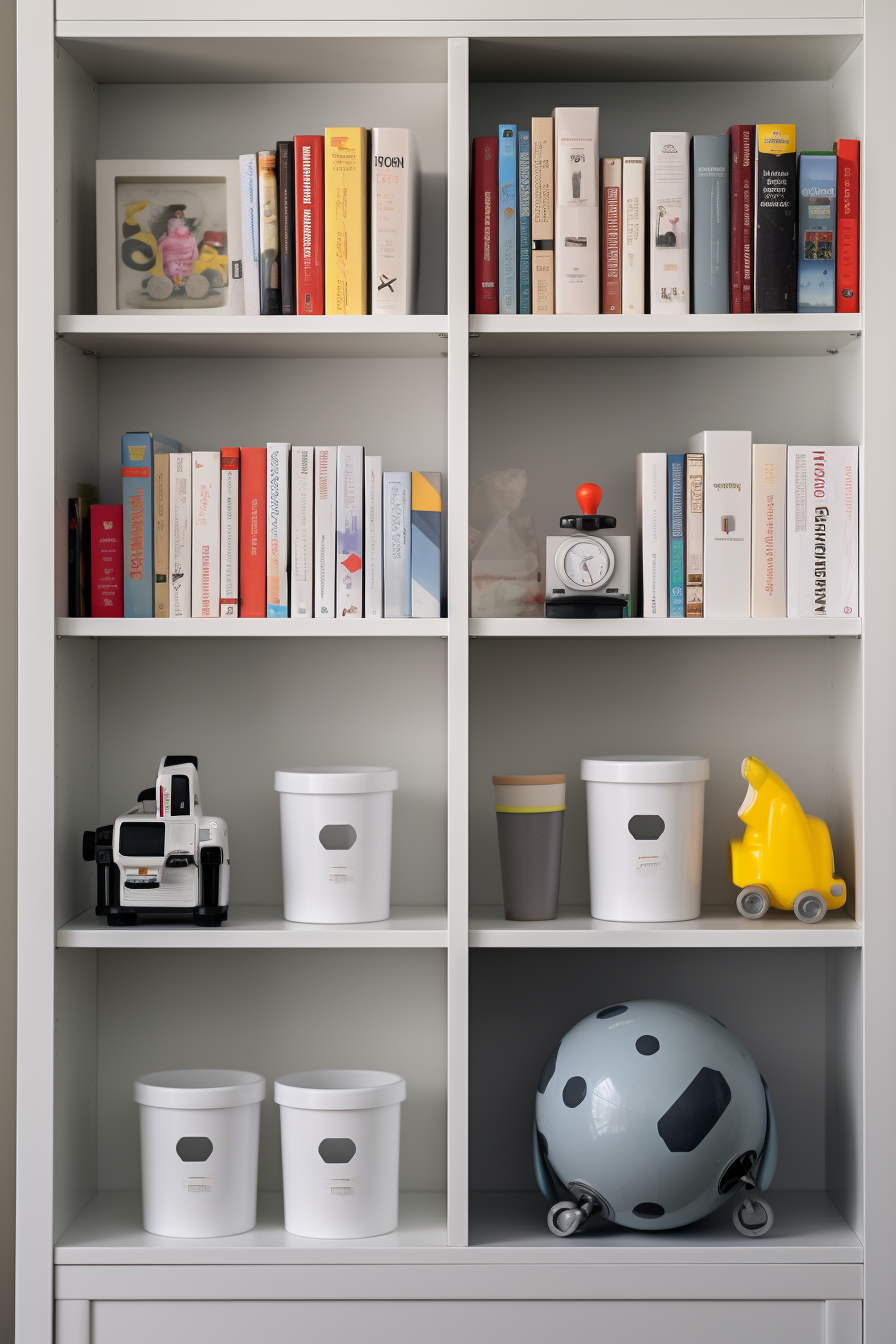 A white bookcase in a playroom combo is filled with books and toys.