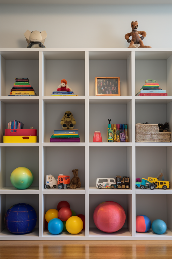 A white shelf filled with a variety of toys for a playroom combo or home office.