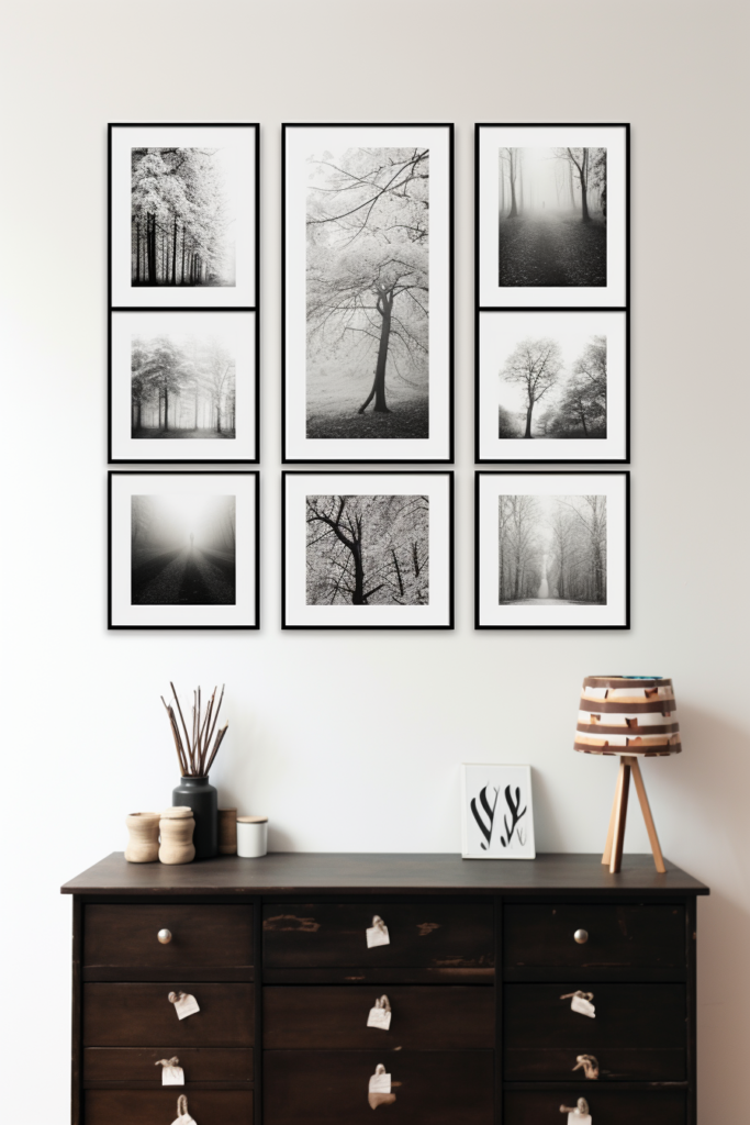 A cozy home with a group of winter decor pictures on a wall.