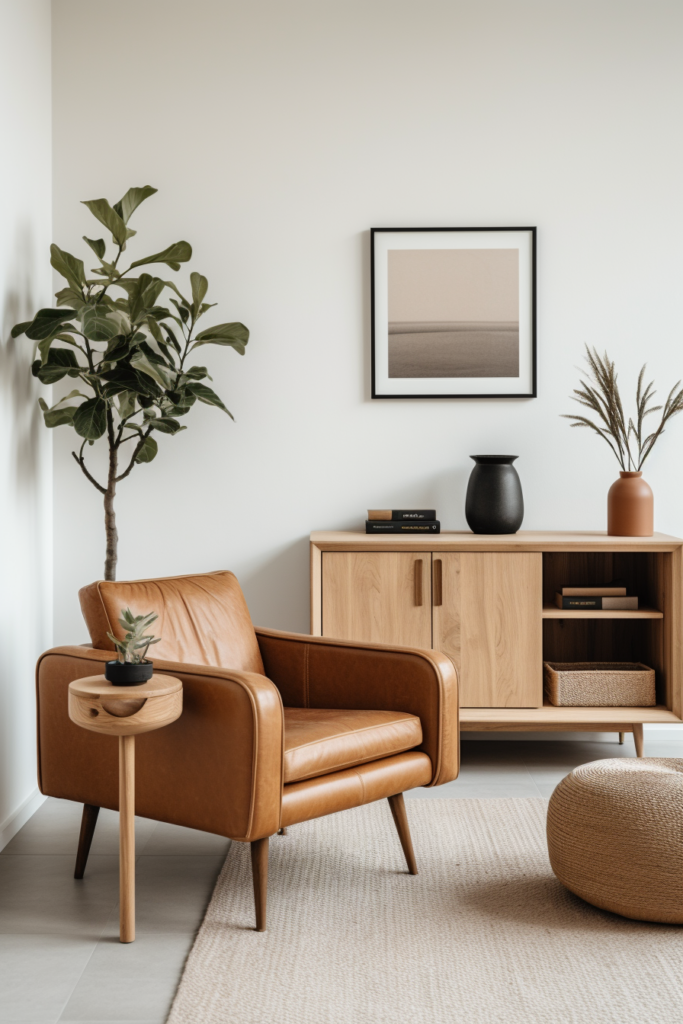 Cozy Home Retreat: This living room features a leather chair that adds warmth and sophistication to the space. The addition of a vibrant plant brings a touch of nature indoors, creating a cozy sanctuary perfect for