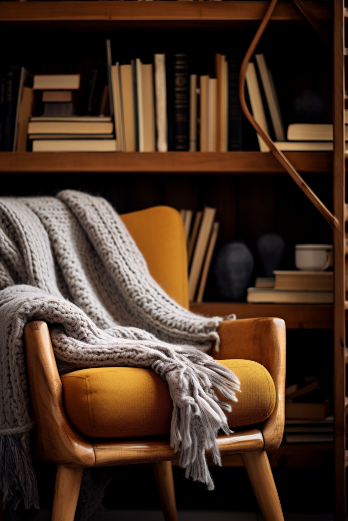 Create a hygge and cozy home retreat with a chair adorned with a blanket, placed in front of a bookshelf. Perfect for winter decor.