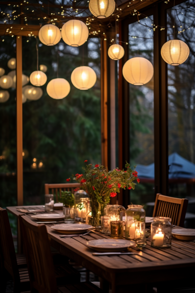 A cozy home dining table adorned with lanterns that creates a Hygge ambiance perfect for winter decor.