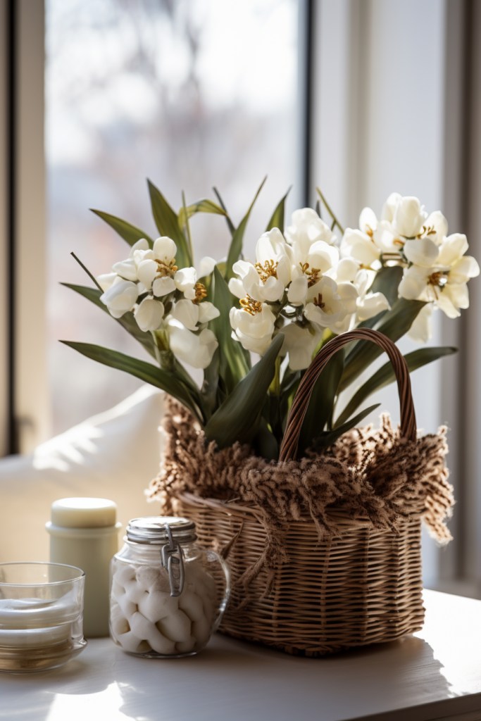 White flowers in a basket on a table in front of a window, creating a cozy home retreat.