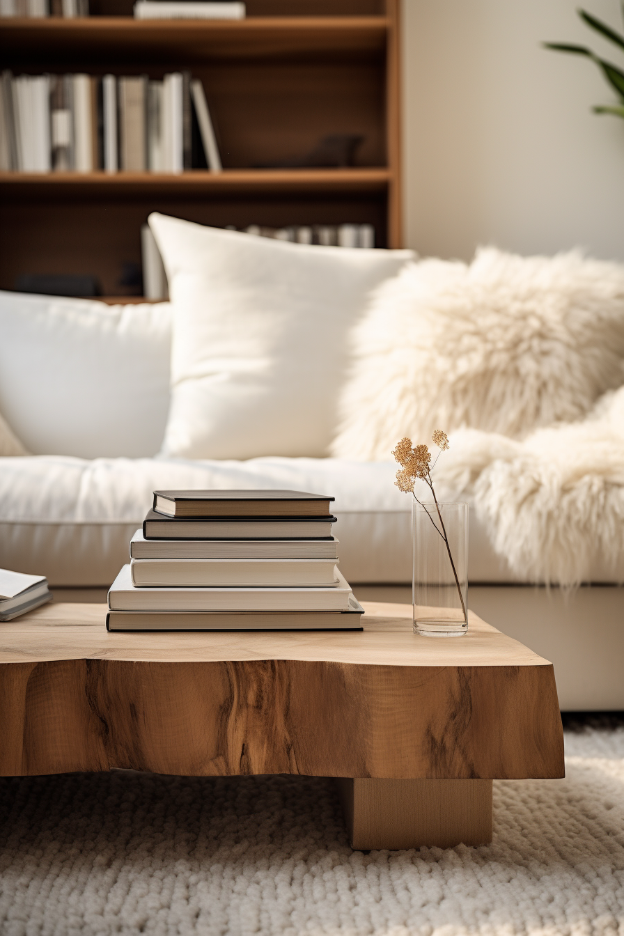 A hygge-inspired coffee table in a living room, adorned with cozy books for added comfort.